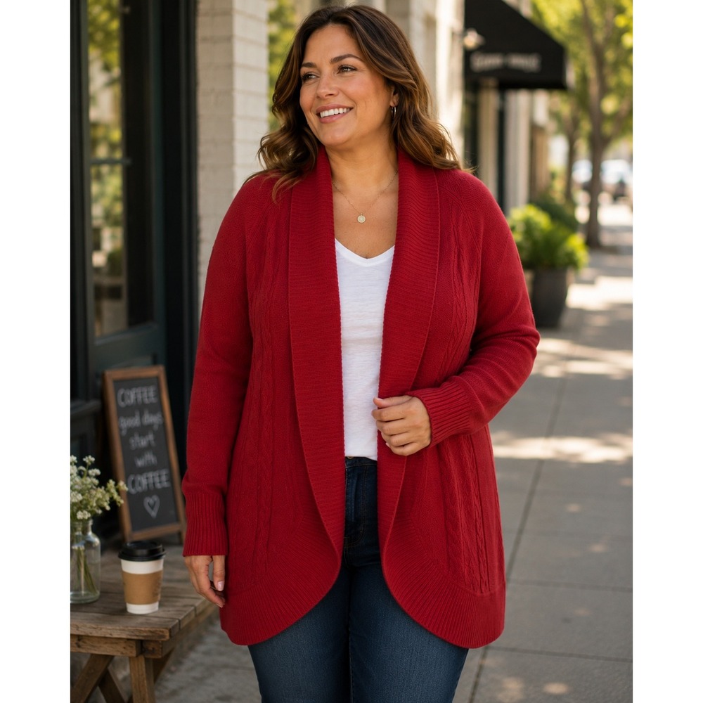 TALBOTS Open Front Cardigan Plus Size‎ 1X Red NEW Cable Knit Holiday Winter Cozy